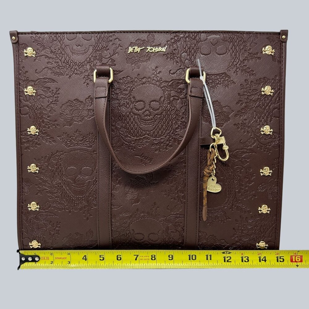 Betsey Johnson Brown Embossed Skull Tote Bag Gold Accents & Detachable Strap - Picture 9 of 12